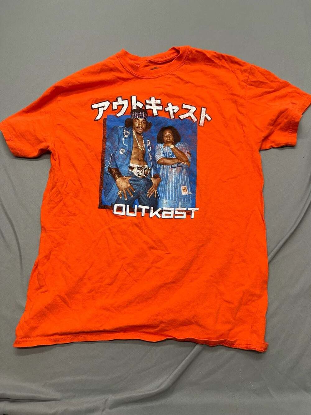 Outkast Blue Box Orange Graphic T-Shirt with Japanese Kanji Writing Rap Tee